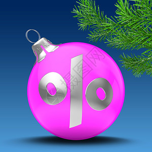 3d以百分数符号和圣诞树枝为蓝底的粉红圣诞节球图片