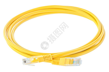 用于设计通信技术概念的黄色网络电缆在白色背景上隔离了molderj45插件用于设计通信技术概念背景图片