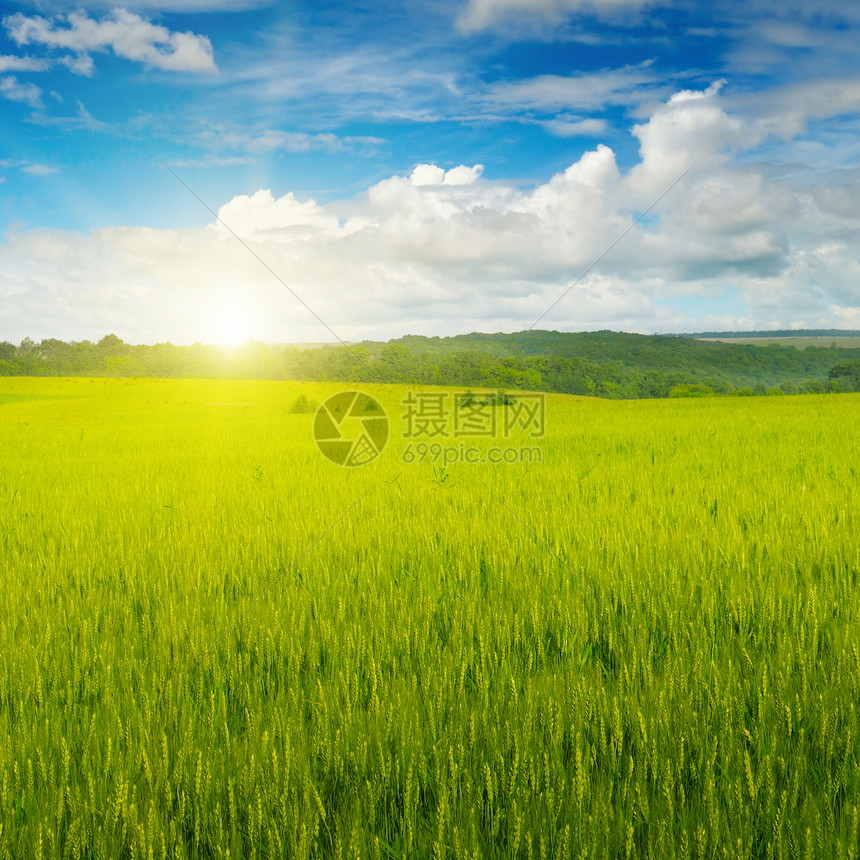 蓝色的天空中太阳升起图片