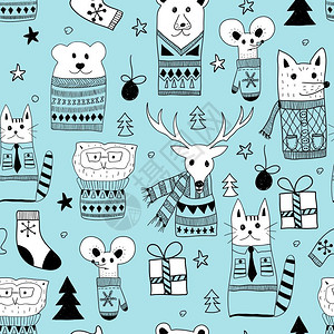 杉树涂鸦小动物无缝圣诞节模式矢量设计背景设计图片