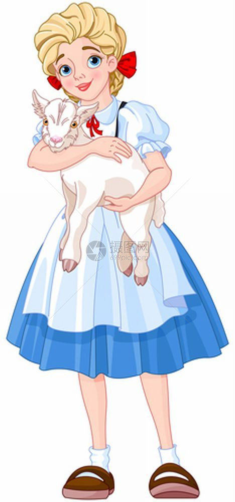 卡通女孩怀里抱着一只山羊图片