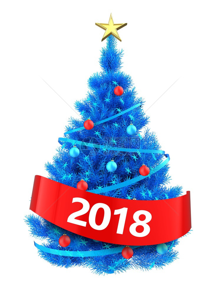 3d显示蓝色圣诞树白底有蓝色星显示2018年标志的蓝色圣诞树图片