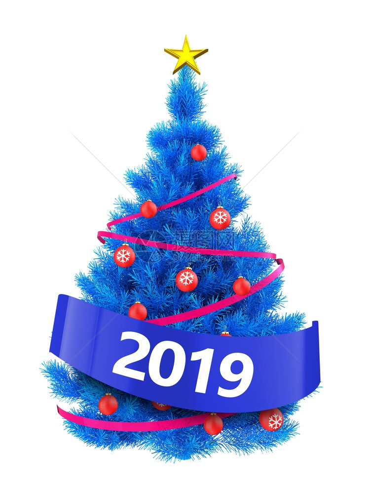 3d说明白色背景上的蓝圣诞树带有2019符号的蓝色圣诞树图片