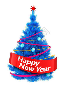 3d显示蓝色圣诞树白底有亮线蓝色圣诞树有快乐的新年标志图片