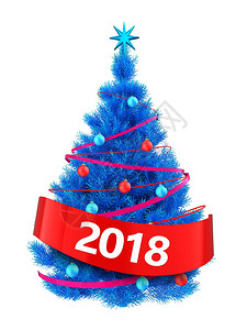 3d显示蓝色圣诞树白背景上有红亮光蓝圣诞树2018年标志图片