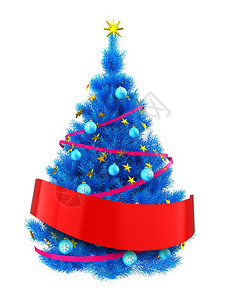 白色背景上有金色星星的蓝色圣诞树的3d插图带红丝带的3d蓝色圣诞树图片