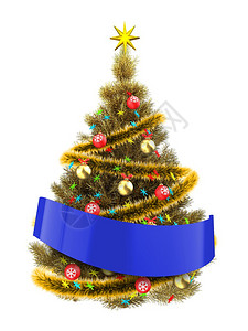 3d金圣诞树插图蓝丝带图片