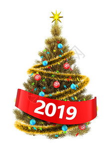 3d显示金色圣诞树白背景上有多彩星金色圣诞树2019符号图片