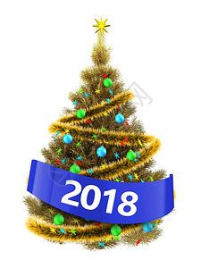 3d显示金色圣诞树白背景上有多彩星金色圣诞树2018年标志背景图片