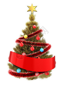 3D白色背景的黄金圣诞树红丝带的黄金圣诞树图片