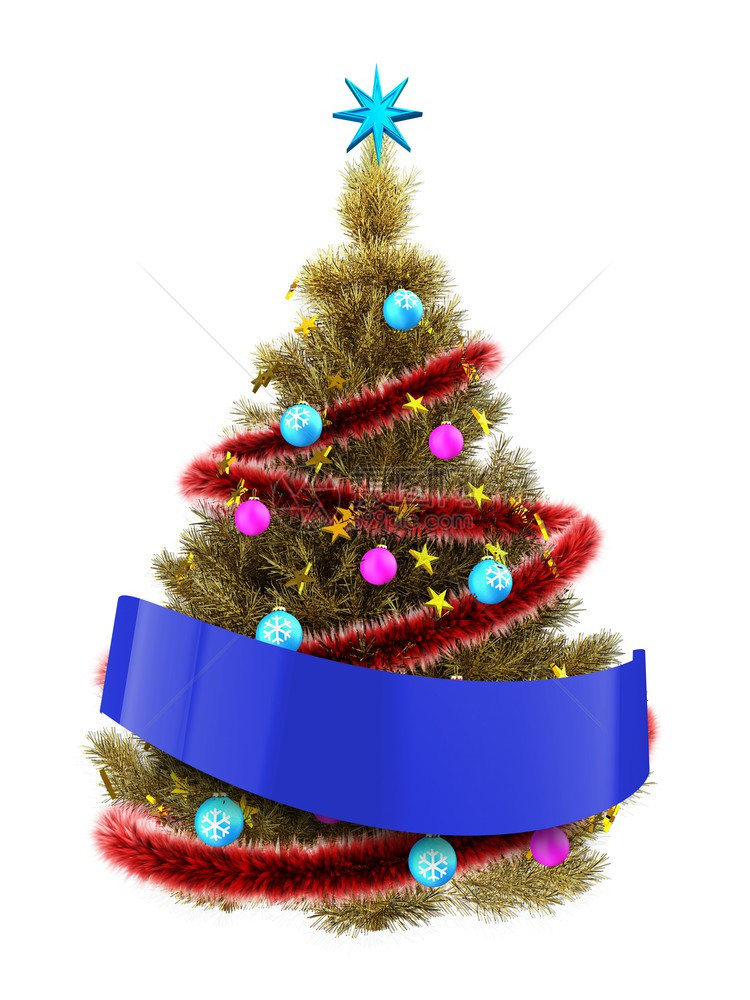 金色圣诞树的3d插图白色背景上有金色的星星3d金色蓝丝带圣诞树图片