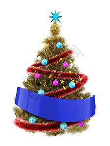 金色圣诞树的3d插图白色背景上有金色的星星3d金色蓝丝带圣诞树背景图片