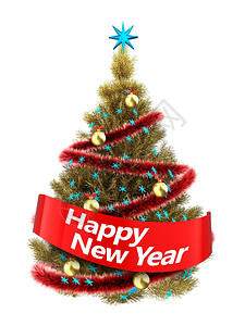 3d显示金色圣诞树蓝星在白色背景上金圣诞树新年快乐标志图片