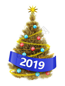 3d显示金色圣诞树有白底的亮光金色圣诞树有2019年的标志图片