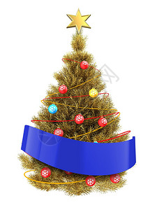 金色圣诞树的3d插图白色背景上有红色霓虹灯3d金色蓝丝带圣诞树图片