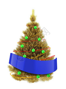 金色圣诞树的3d插图白色背景上有红色霓虹灯3d金色蓝丝带圣诞树背景图片