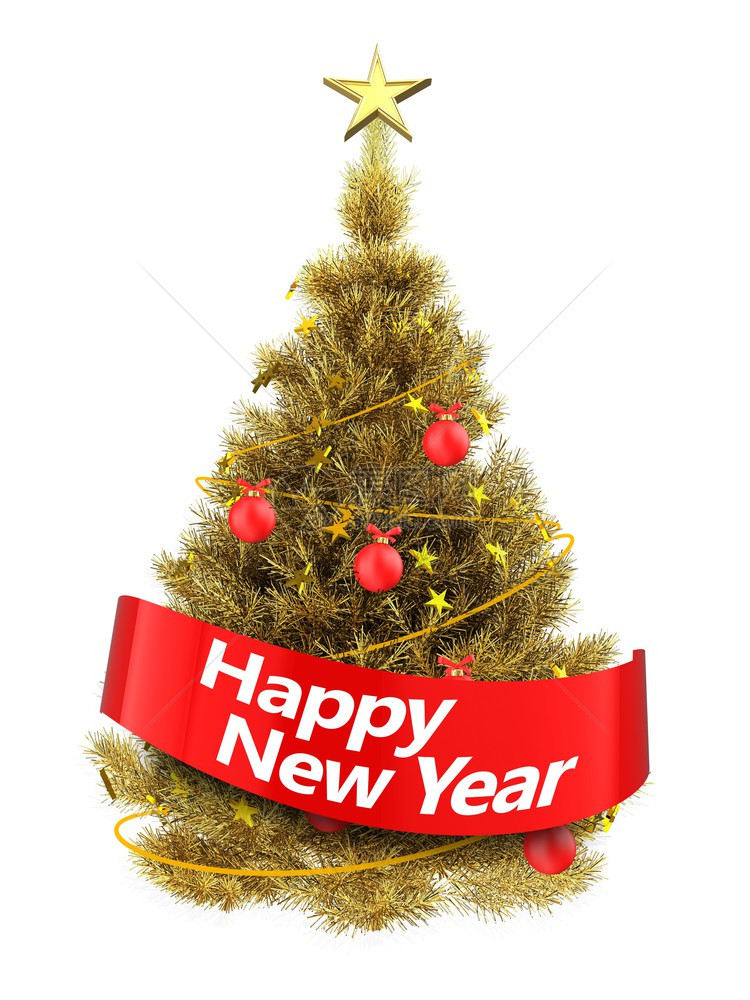 金色圣诞树的3d插图与金色的星星在白色背景3d金色圣诞树与快乐的新年标志图片