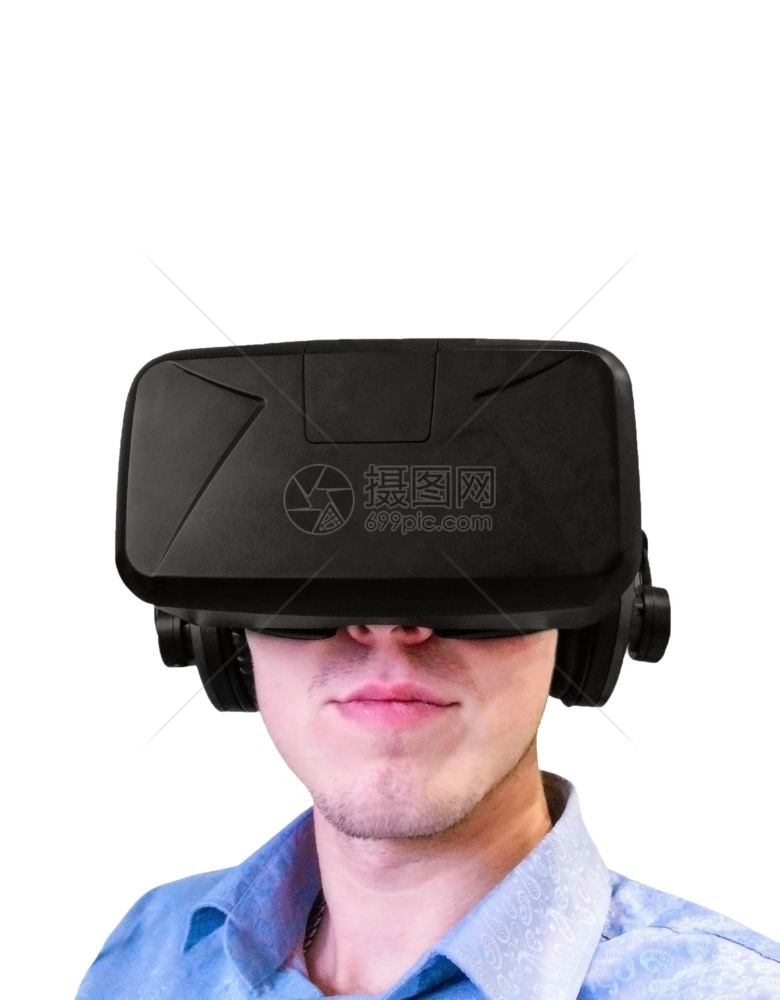 男戴虚拟现实眼镜男戴虚拟现实护目镜男戴vr眼镜与白色背景隔绝图片