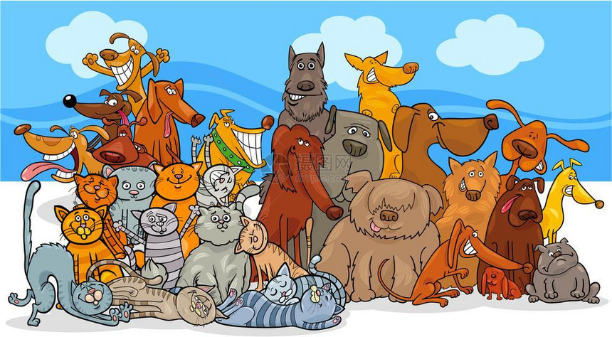 滑狗和猫动物角色组的漫画插图图片