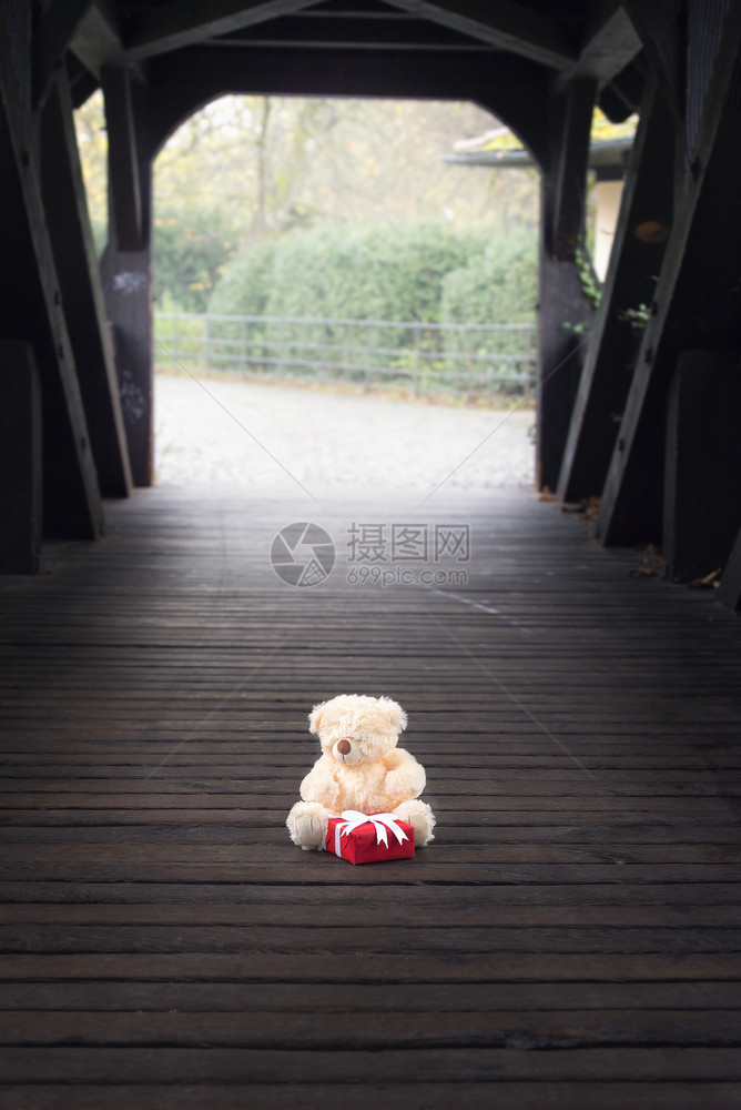 垂直图像可爱的泰迪熊玩具和红色礼物盒带白丝和捆绑的弓独自坐在木质隧道里图片