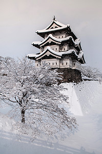 冬季长崎城堡的建筑结构整个地区都布满白色美丽的雪图片