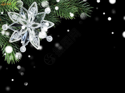 绿色fir分支上透明雪花的圣诞节构成与黑色背景隔绝复制空间图片