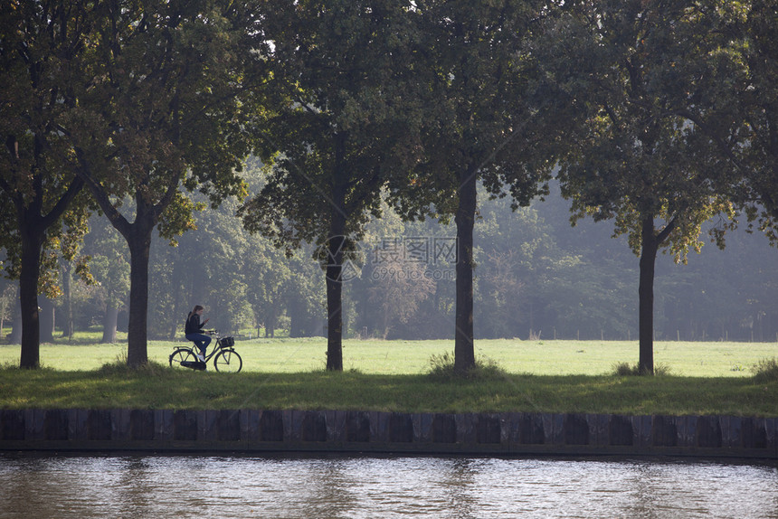 在阳光明媚的夏日在Amsterda和utech之间在Holand的Amsterdaijn运河沿线骑自行车着移动电话的女孩图片