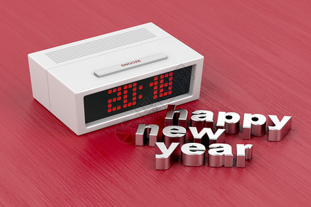 带有数字闹钟在显示和新年快乐信息上编号2018的数码闹钟概念图像图片