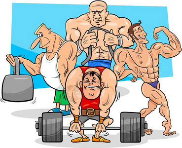 卡通举重运动员体育馆肌肉男或运动员的漫画插图插画