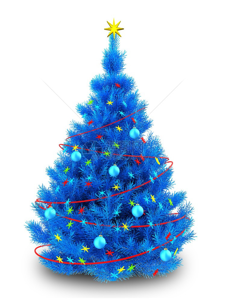 蓝色圣诞树的3d插图白色背景上有红色装饰3d蓝色圣诞树图片