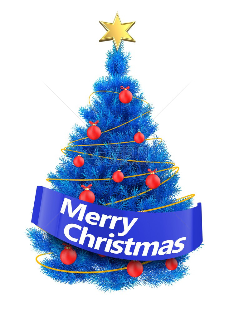 3d说明蓝色圣诞树白底有亮线蓝色圣诞树有快乐标志图片