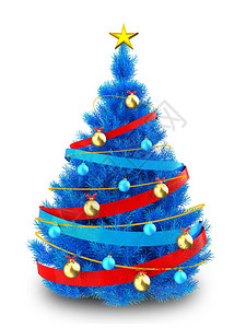 蓝色圣诞树与彩带白色背景的三维插图3d蓝色圣诞树图片