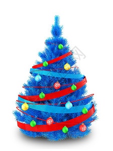 蓝色圣诞树与彩带白色背景的三维插图3d蓝色圣诞树背景图片