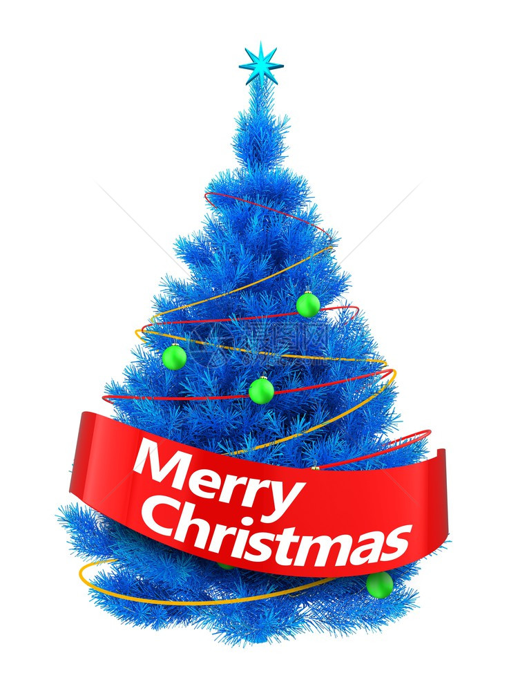 3d说明蓝色圣诞树白背景上有红的亮光蓝圣诞树快乐标志图片