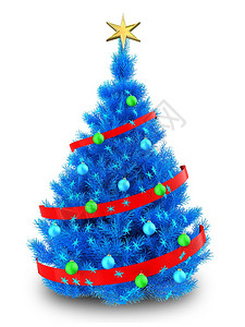 白色背景上有红丝带的蓝色圣诞树的三维插图3d蓝色圣诞树图片