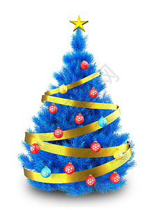 3d蓝色圣诞树插图3d蓝色圣诞树白背景上加金丝带图片