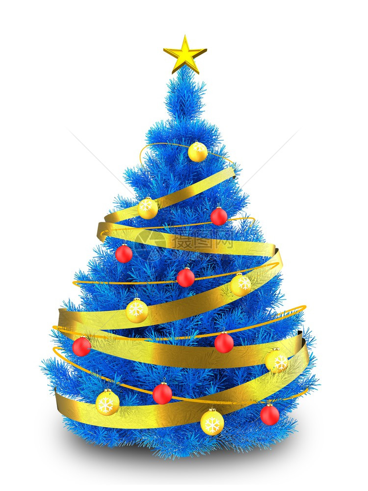 3d蓝色圣诞树插图3d蓝色圣诞树白背景上加金丝带图片