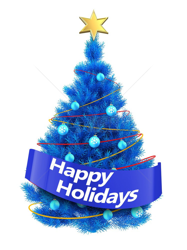 3d说明蓝色圣诞树白背景上有红的亮光蓝圣诞树有快乐的节日标志图片