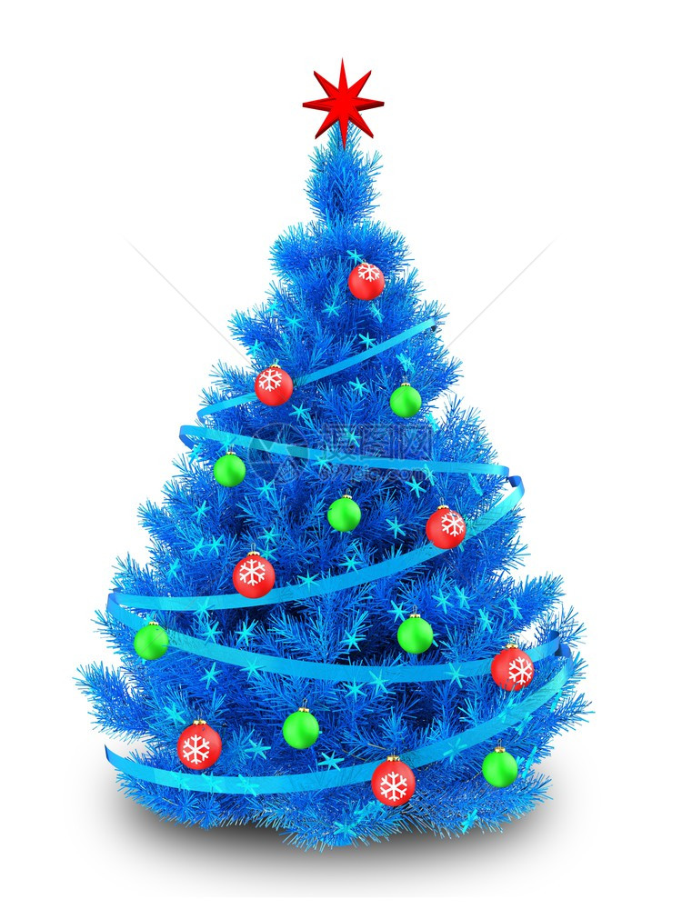 3d说明蓝色圣诞树白背景上贴有蓝丝带的圣诞树图片