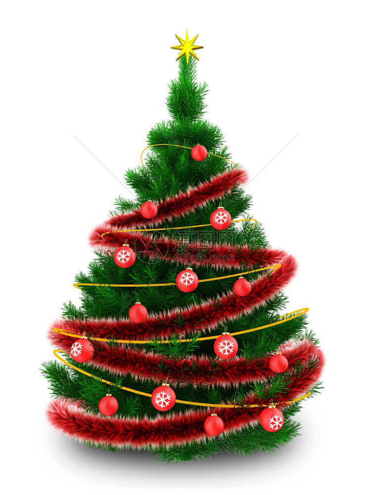 白色背景上有红色金属片的圣诞树的3d插图3d圣诞树图片