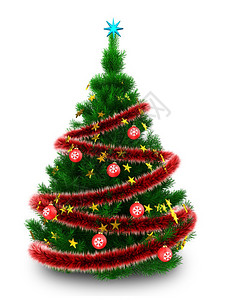 白色背景上有红色金属片的圣诞树的3d插图3d圣诞树背景图片