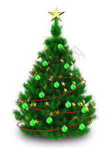 圣诞树的3d插图与红色装饰在白色背景3d的圣诞树图片