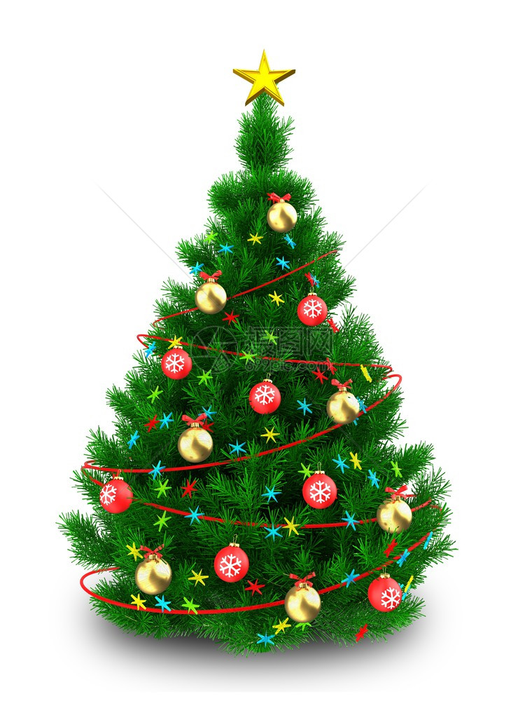 圣诞树的3d插图与红色装饰在白色背景3d的圣诞树图片
