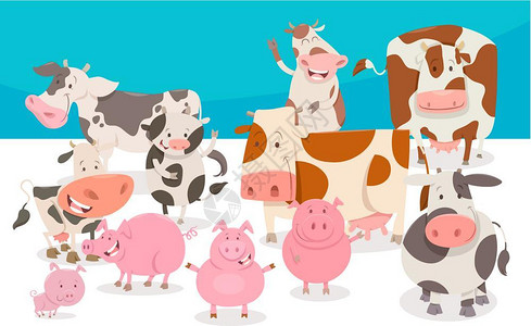 可爱奶牛和猪动物漫画插图图片