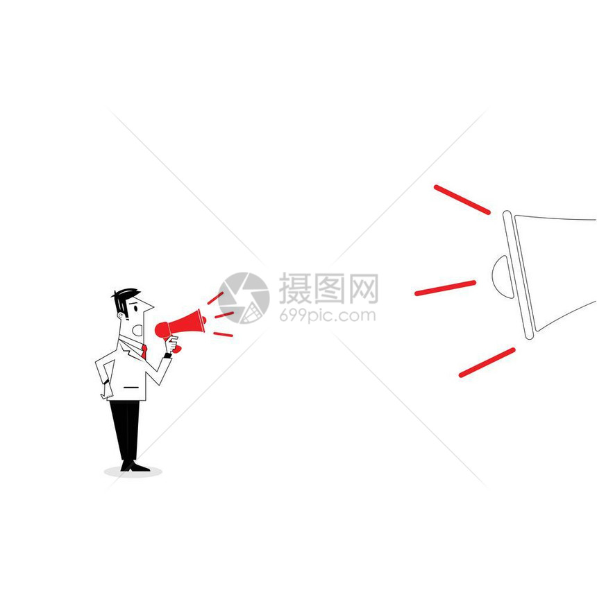 拥有大喇叭背景的小型扩音器经理办公室工人或商发布公告图片