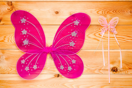 木板上一个女孩的嘉年华美丽的蝴蝶翅膀服装图片
