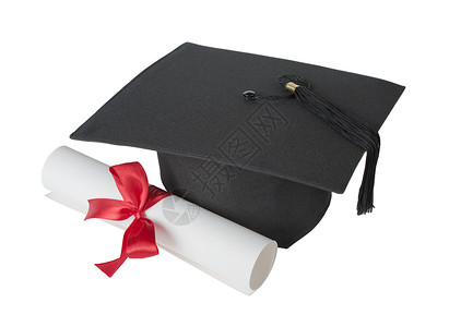 红色毕业帽子白色背景上孤立的红丝带和弓领结背景