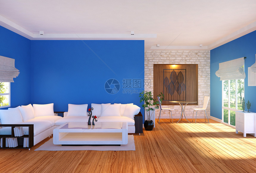 现代客厅室内家具和蓝色空墙3D图片