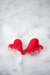 两颗红心在白毛的爱比喻上情人节日的贺卡垂直图像图片