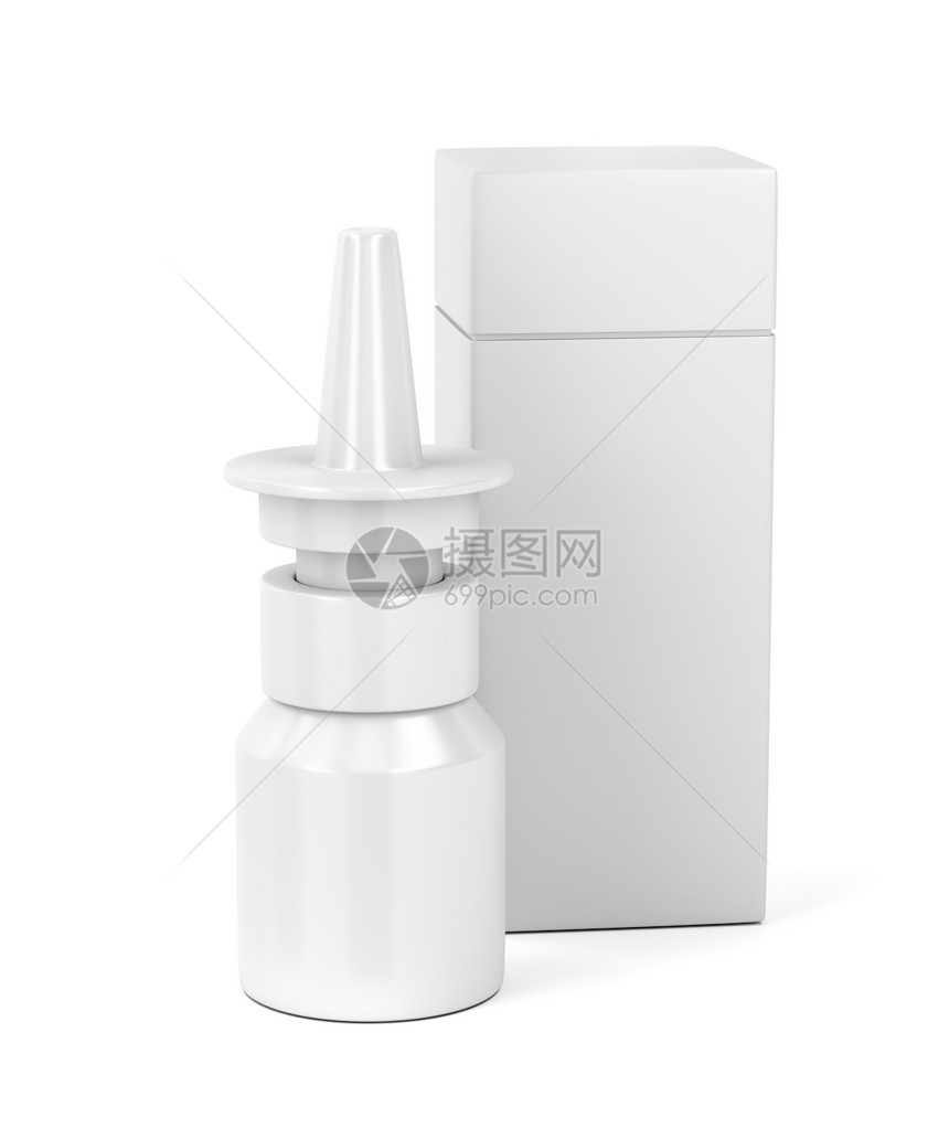 白色背景的空鼻喷瓶和塑料盒图片